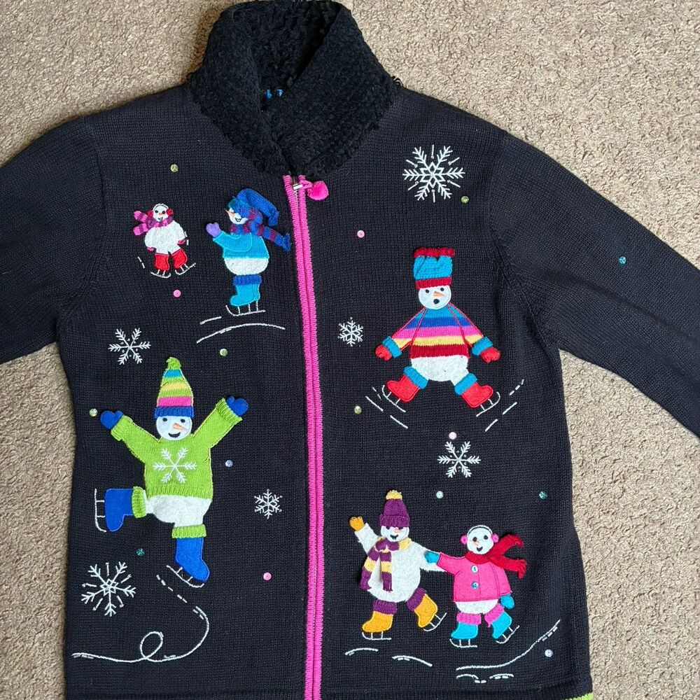 Karen Scott Sport Womens Petite Black Christmas Snowman Holiday Sweater Vtg - Picture 1 of 15